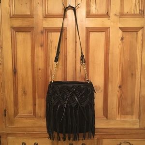 Zara Leather Black Bucket Bag with Fringe/NWT